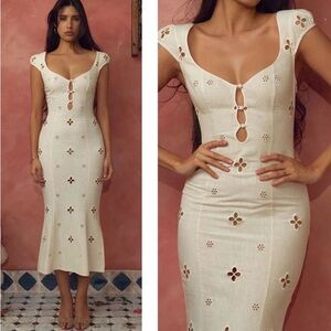 Mirror Palais Maria Linen Floral Cutout Cap Sleeve Leite White Midi Dress Size S